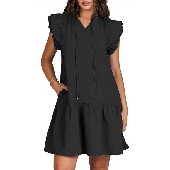 NEW V-Neck Drawstring Ruffle Cap Shift Mini Dress Pockets L - Picture 1 of 7